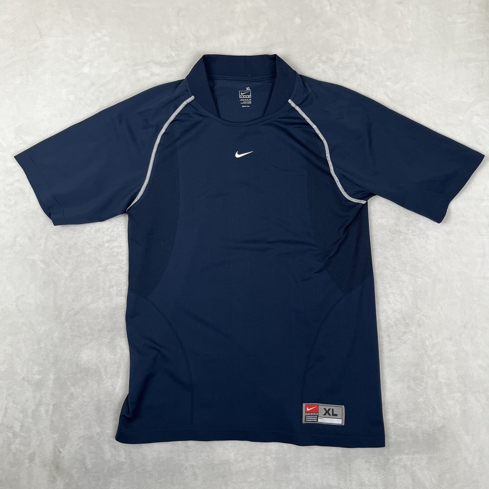 Nike FIT Dry Team T-Shirt Mens XL Blue Center Swoosh Mock Neck Athletic Training